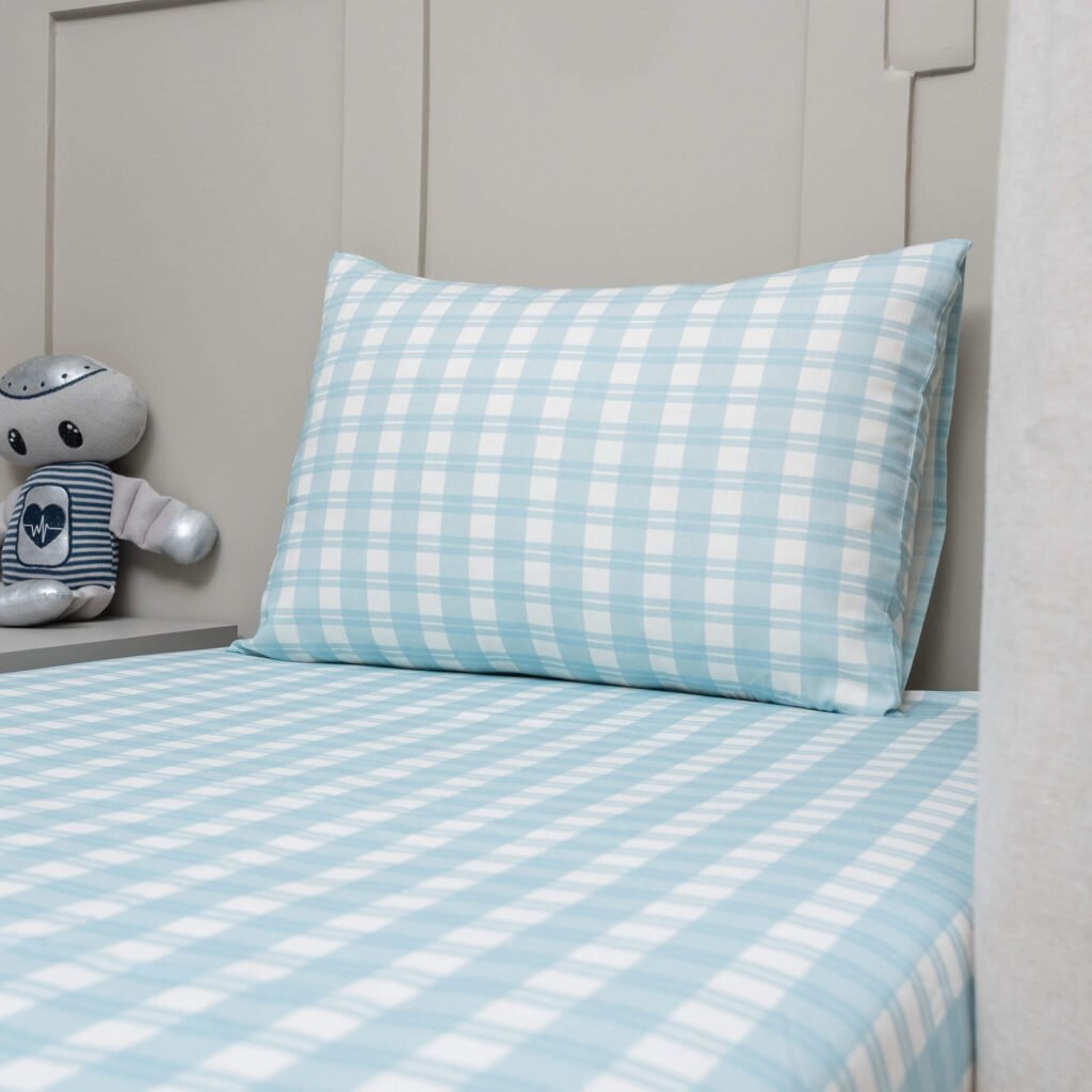 Jogo de Lençol Solteiro em Algodão Estampado Xadrez Azul