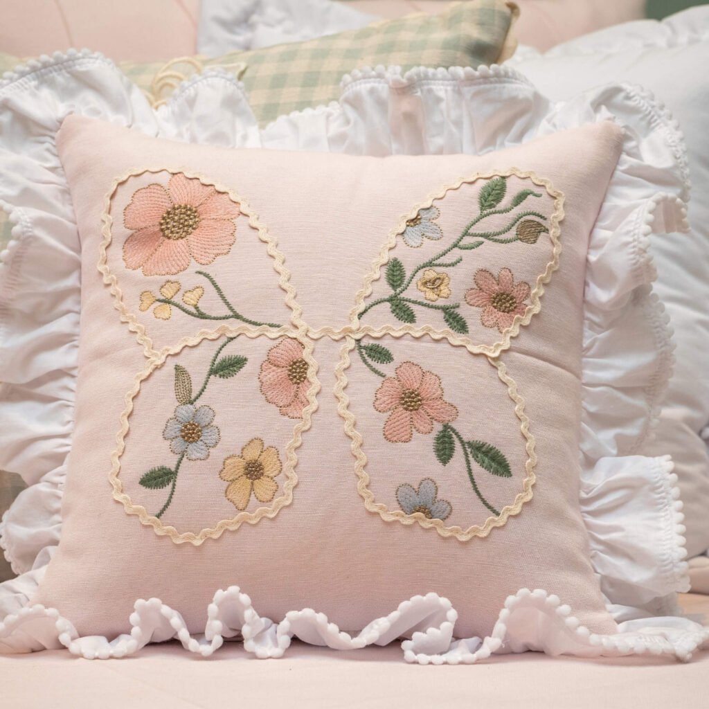 Almofada Bordada Borboleta com Flores Mel